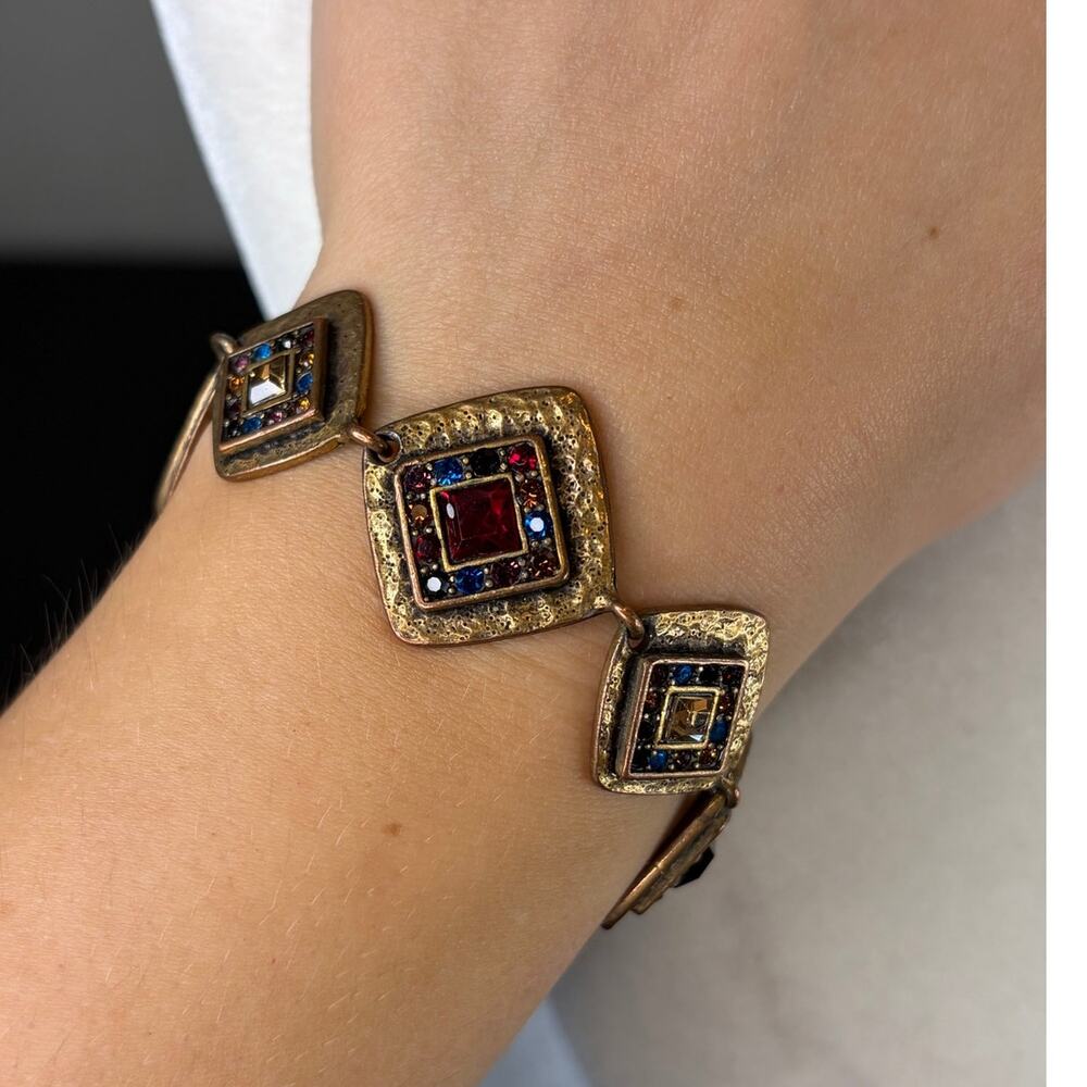Chico's Square Colorful Rhinestone Link Bracelet Antiqued Copper Tone